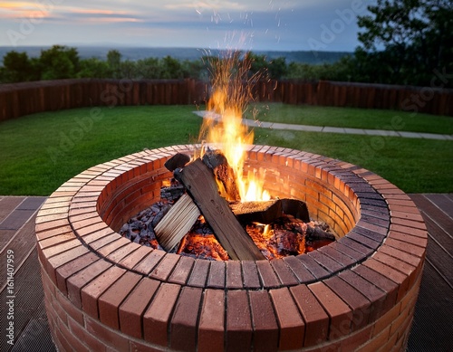 outdoor brick fire pit with burning wood