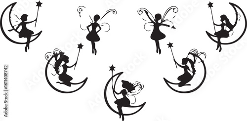 Set of floral elements with a black silhouette vector illustration of a cyclist performing a jump