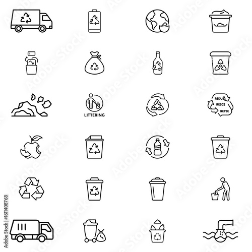 Collection of recycling and waste management icons including bins, trucks, and earth symbols in black and white