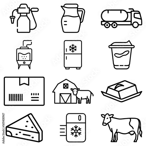 Collection of dairy related objects including milk truck cheese and farm animals in line art style