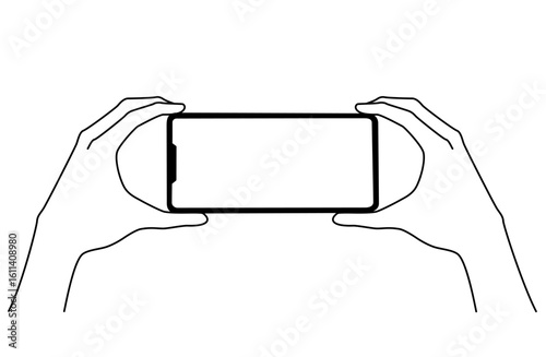 画面を見ながらスマートフォンを持つ手を描いたシンプルな線画ベクターイラスト