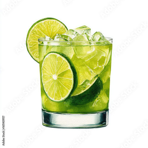Vintage watercolor illustration of alcoholic drink in glass with lime garnish isolated on white background for bar and beverage enthusiasts