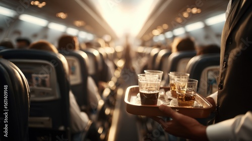 First-person view of steward serving drinks on airplane aisle