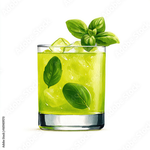 Vintage watercolor illustration of an alcohol drink with garnish in glass on white background for bar decor and cocktail enthusiasts