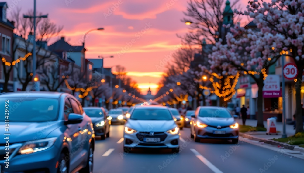 Fototapeta premium the scene captures a city street at dusk during what appears to be spring. the sky is bathed in hues of orange, pink, and blue, with the sunset adding a warm glow to the urban landscape