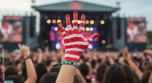 Enthusiastic concert attendee with painted hand enjoying the vibrant music event