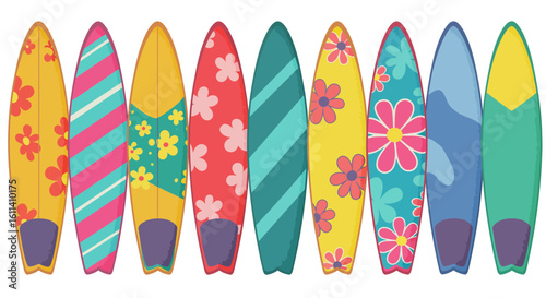 Colorful surfboards in a row with vibrant patterns create a summery coastal vibe