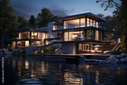 Luxurious contemporary villa with illuminated windows overlooking a tranquil lake at twilight, creating a serene and upscale atmosphere