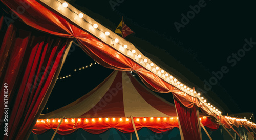 Atmospheric Shot of a Vintage Circus Tent Lit Up at Night with Festive Lights