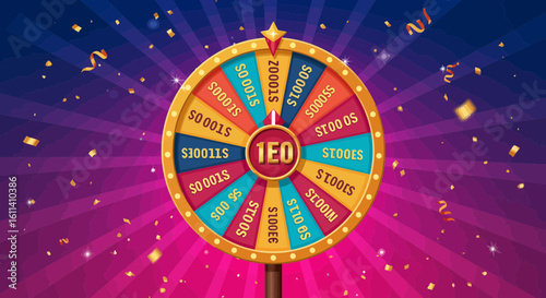Colorful Wheel of Fortune Illustration with Confetti for Lucky Draw Event