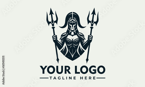 Warrior woman holding tridents, stylized logo design, with space for company name and tagline.