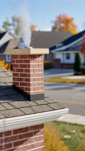 Smoke rising from a brick chimney atop a house during autumn showing colorful leaves in the background