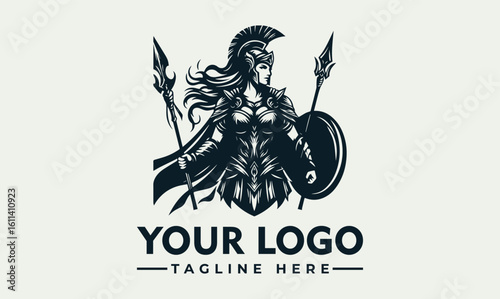 Vintage logo featuring a female Spartan warrior holding spears and a shield.
