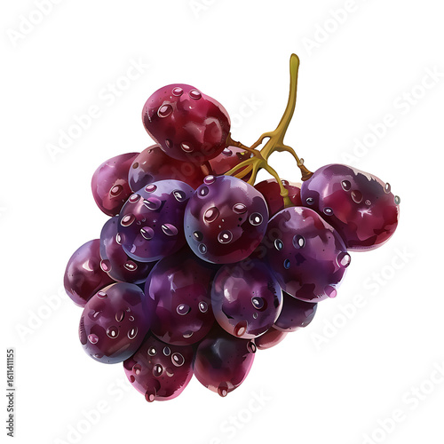 A cluster of ripe, purple grapes with water droplets glistening on their smooth surfaces.