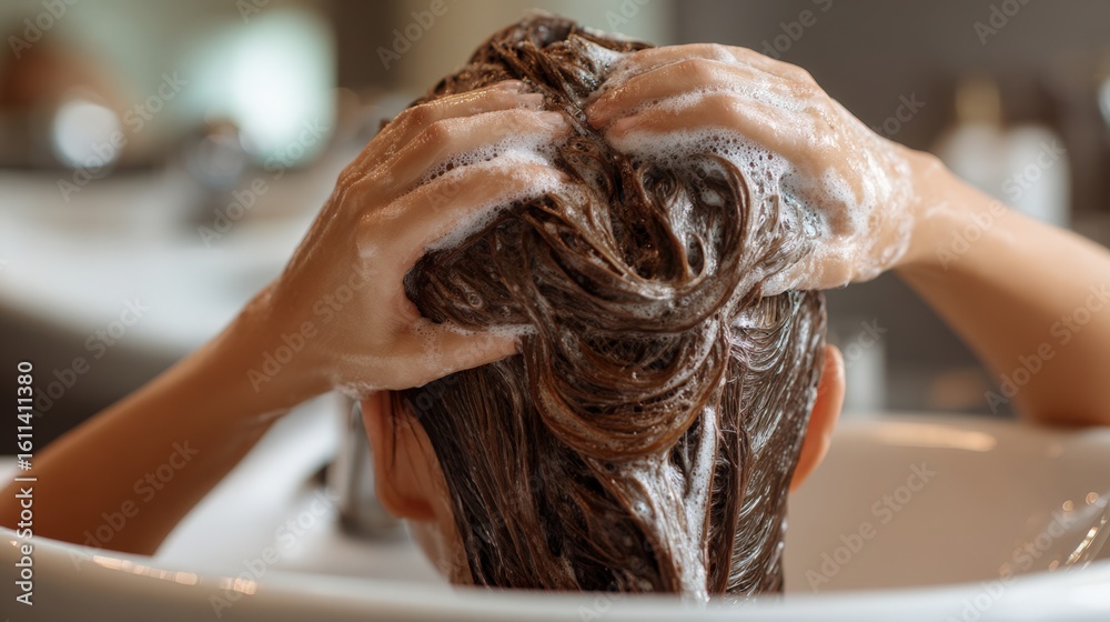 Naklejka premium First-Person View of Scalp Massage with Shampoo in Salon Wash Basin