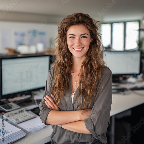 A confident young professional smiling with arms crossed in a modern office workspace.