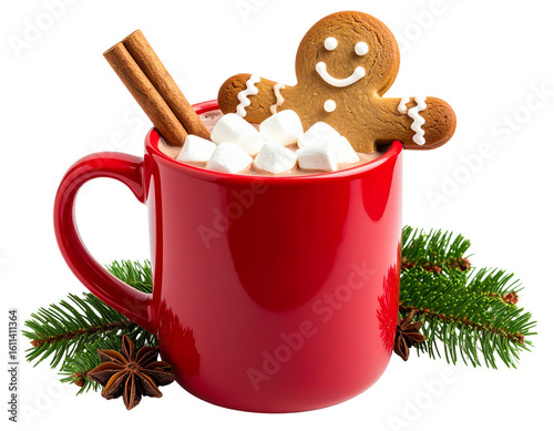 Holiday Mug with Gingerbread Man Dipped Inside, isolated on a transparent background.