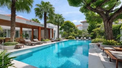 Wallpaper Mural Luxury Swimming Pool Oasis: A stunning swimming pool surrounded by lush greenery, palm trees, and inviting lounge chairs, creating a serene and inviting oasis. Torontodigital.ca