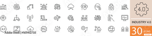  Minimal black line icon set with 30 Industry 4.0 icons. Perfect for smart factories, automation systems, IoT, AI, and industrial innovation projects