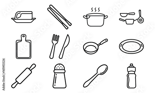 Kitchen Tools and Utensils Line Icon Set – Outline Illustrations of Butter Dish, Chopsticks, Cooking Pot, Cutlery, Frying Pan, Plate, Rolling Pin, Salt Shaker, and Kitchenware Essentials