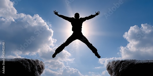 Dynamic Silhouette Active Person Midjump, Arms Wide, Against Bright Sunlit Sky Halo Effect Illuminated Clouds, Symbolizing Freedom Overcoming Obstacles