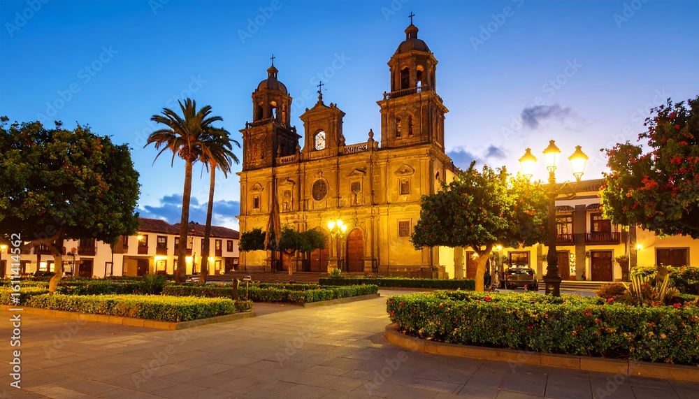 Fototapeta premium A plaza at dawn, featuring a church