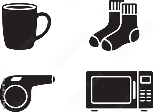 Black silhouette icons of mug socks whistle microwave vector