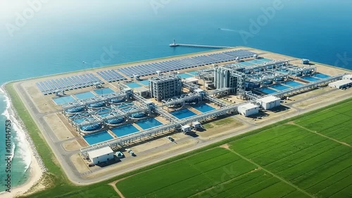 Aerial View of a Modern Desalination Plant by the Ocean on a Sunny Day