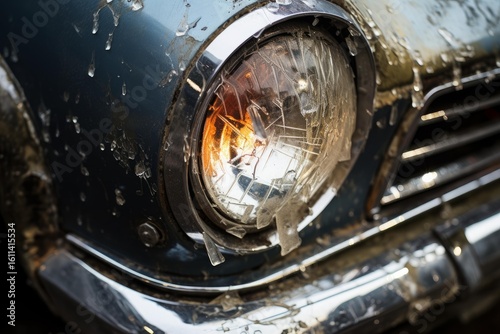 Close up of a shattered headlight on an old, damaged car, highlighting deterioration and abandonment