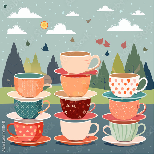Tea cups collection in vintage style