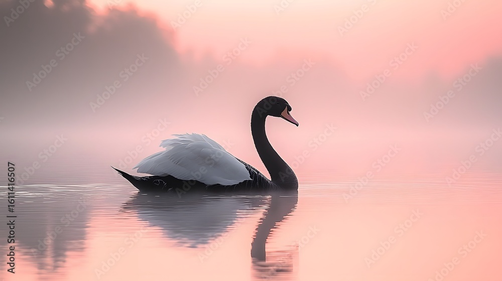 Fototapeta premium Serene swan silhouette gliding across a tranquil waterscape