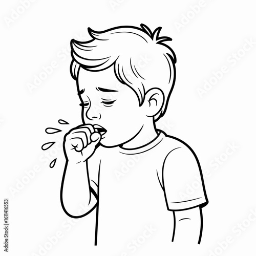 Young Boy Coughing into Elbow Line Art Illustration.