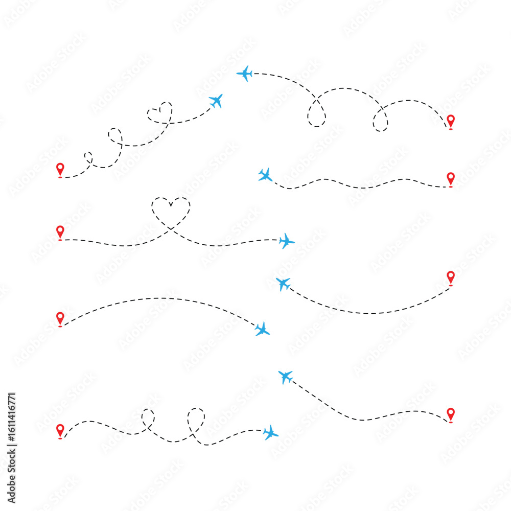 Obraz premium Airplane Flight Path Icons – Dashed Line Routes with Map Pins and Travel Symbols