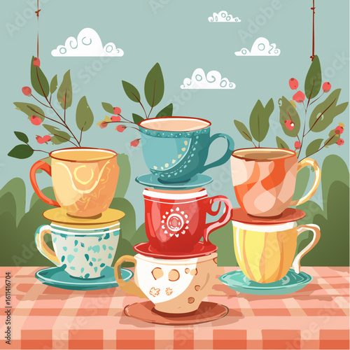 Tea cups collection in vintage style