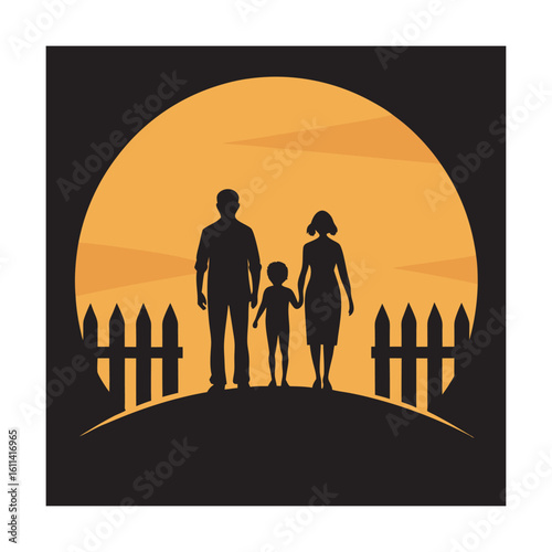Family Holding Hands By Sunset Fence Line Silhouette