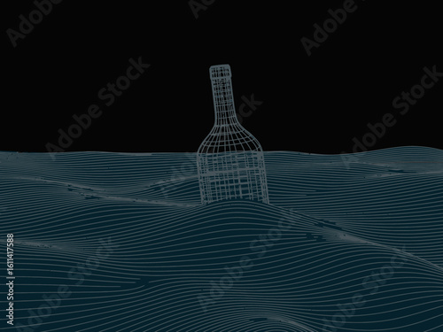 Wireframe Bottle in Abstract Ocean Waves Dark Background Minimalist Design.