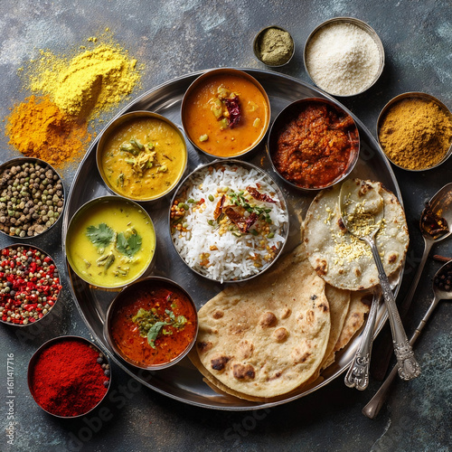 Traditional Indian Thali with Rice, Curries, Lentils, Spices, and Naan Bread on Dark Rustic Background
