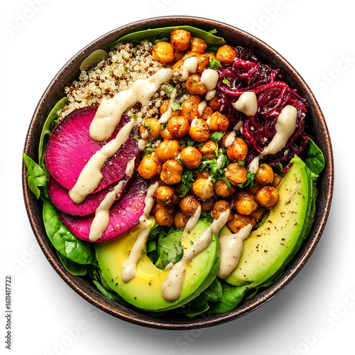 Healthy Vegan Buddha Bowl with Quinoa, Chickpeas, Avocado, Beets, Spinach, and Tahini Dressing on Dark Background
