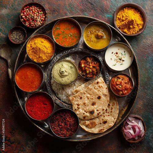 Traditional Indian Thali with Rice, Curries, Lentils, Spices, and Naan Bread on Dark Rustic Background

