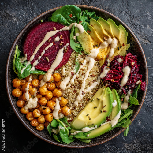 Healthy Vegan Buddha Bowl with Quinoa, Chickpeas, Avocado, Beets, Spinach, and Tahini Dressing on Dark Background
