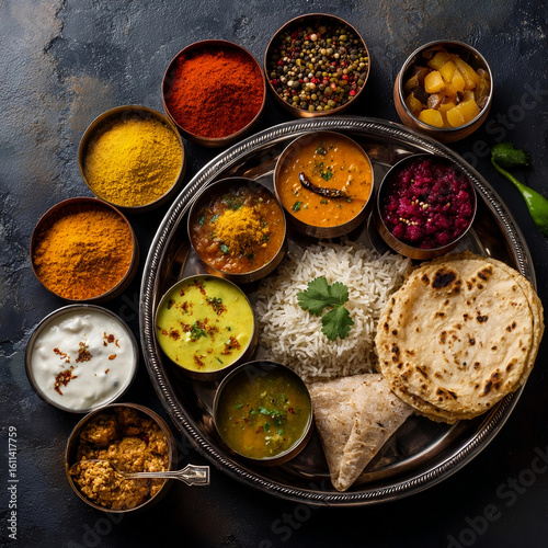 Traditional Indian Thali with Rice, Curries, Lentils, Spices, and Naan Bread on Dark Rustic Background
