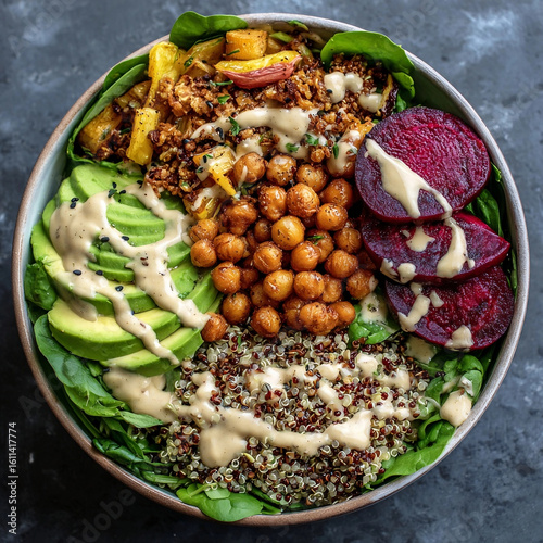 Healthy Vegan Buddha Bowl with Quinoa, Chickpeas, Avocado, Beets, Spinach, and Tahini Dressing on Dark Background
