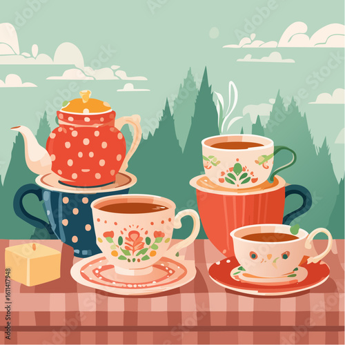 Tea cups collection in vintage style