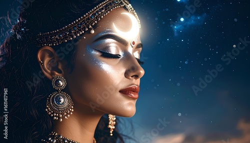 Woman With Moon Ornament In Starry Night Portrait, Close Up Portrait of Indian Lord Soma