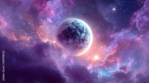 A vibrant planet surrounded by colorful nebula clouds and twinkling stars in a cosmic landscape view