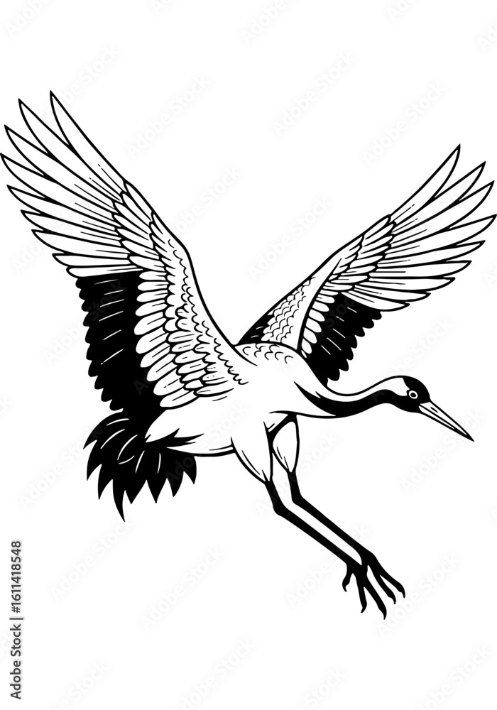 Obraz premium Elegant Japanese Crane Bird Flying Illustration - Traditional Black and White Hand-Drawn Vector Art of a Majestic Oriental Avian Design