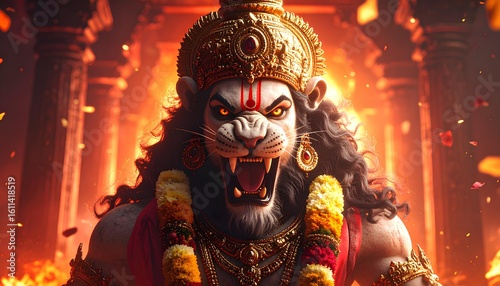 Powerful Deity With Animal Head In Religious Setting, Close Up Portrait of Indian Lord Narasimha
