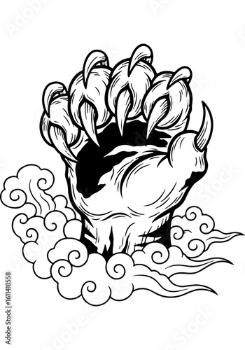 Japanese traditional mythical beast claw emerging from oriental clouds. Powerful monster paw illustration, vintage tattoo art design.