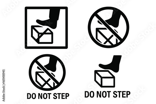 Do Not Step packaging symbol set. Cargo handling and shipping warning signs. Fragile package label icons. Logistics and delivery vector illustration. Prohibited step mark.