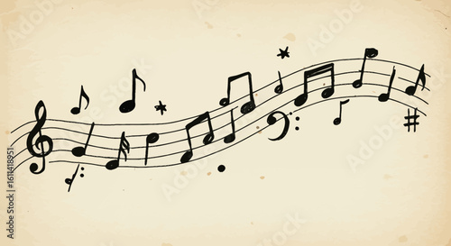 Hand-drawn Music Notes and Symbols on a Wavy Staff with Vintage Paper Texture
